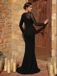 Serin Elegantes, luxuriöses, perlen- und paillettenverziertes gestricktes Ärmel-Meerjungfrauenkleid, geeignet für Hochzeiten, Partys, Feiertage, Braut, Brautmutter Abendkleider - Schwarz - Übersicht 7