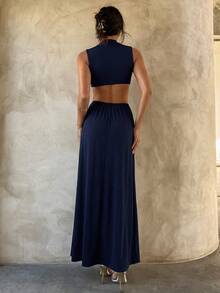 Aloruh 极简通勤风婚礼季性感超长连衣裙 - 藏蓝色 - 查看 2