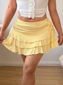 Sunnyshic Falda mini casual de noche para mujer de talla grande, de unicolor y con pliegues, versátil y de moda - Amarillo - Ver 4
