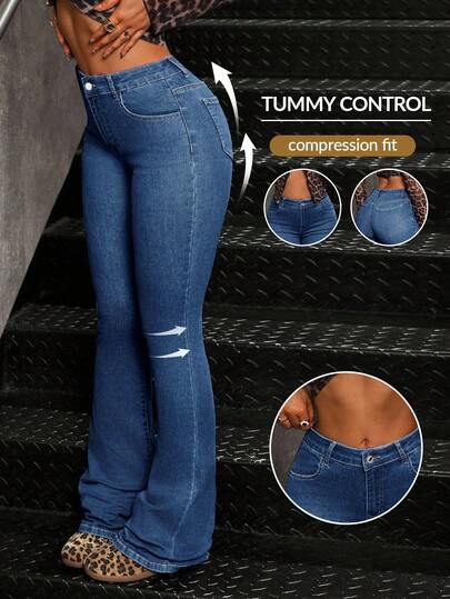 SHEIN Tall Women's Solid Color Minimalist High Waist Skinny Flare Jeans, Everyday Wear