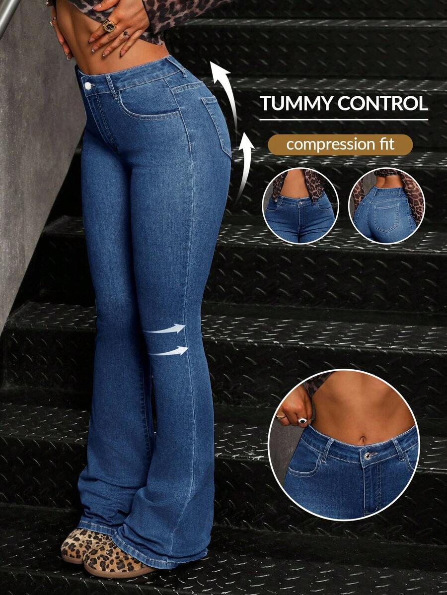 SHEIN Tall 女士纯色简约高腰修身喇叭牛仔裤，日常穿着 - 藍色 - 查看 1