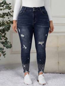 EMERY ROSE Mature Denim 大码女式做旧纽扣口袋水钻装饰休闲日常牛仔裤 - 深色水洗藍 - 查看 5