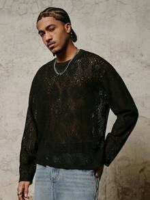 PAVTROS 男士长袖圆领T恤，镂空面料，宽松版型 - 黑色 - 查看 1