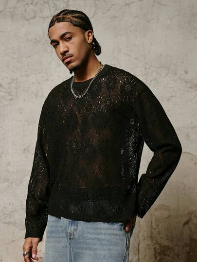 PAVTROS Men's Long Sleeve Crew Neck T-Shirt, Hollow-Out Fabric, Loose Fit Streetwear