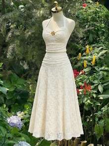 SHEIN MOD 大码女式蕾丝金属扣吊带上衣和长裙套装 - 杏色 - 查看 12