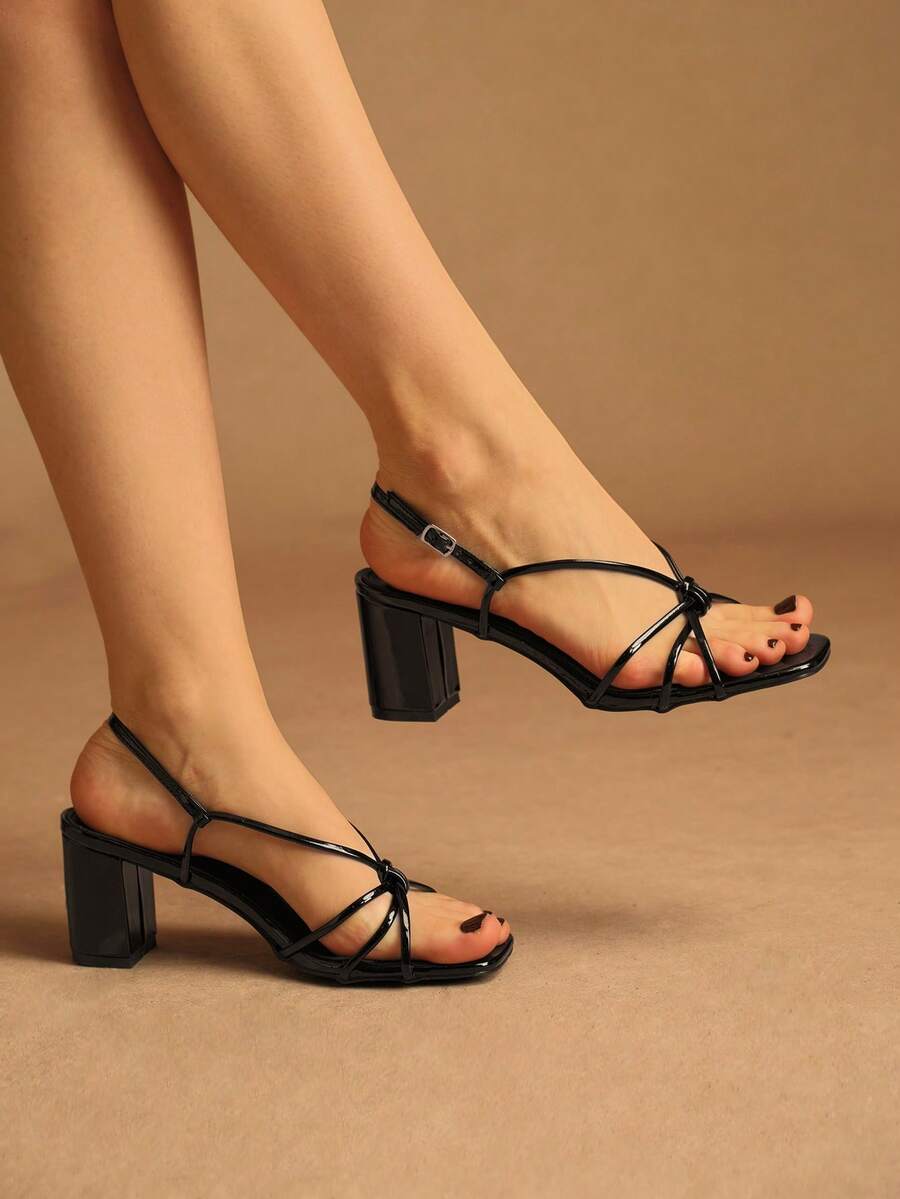 Rosivie Women's Square Toe Thick Heel PU Leather Criss-Cross Strap Design Fashionable Comfortable Daily Party Banquet Open Heel Solid Color Sandals Summer Shoes - Black - View 1