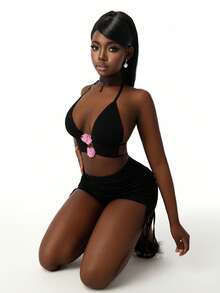 Amplova 2026 Textured Fabric Front & Mid-Low Bust, Backless Top With Pleated Waist Shorts, Women 2 Pieces Set - Black - View 5