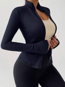 DAZY Sports Running Yoga Slim Fit Long Sleeve Jacket - Navy Blue - View 3