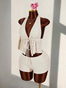 Amplova Deep V-Neck Halter Tie-Up Super Low Waist Striped Mini Shorts 2 Pieces Set - White - View 4