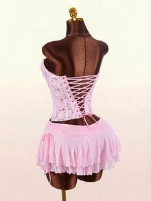 Amplova Women Floral Bandeau Top And Drawstring Waist Skirt Sexy 2 Pieces Set Floral Fabric Bud Bustier With Bow Tie, Sleeveless And Backless, Paired With An Ultra-Low-Waisted, Adjustable Mesh A-Line Skirt With Ruffled Hem – A Two-Piece Set Perfect For Spring Vacation Wear. Summer Dresses For Women Elegant Dresses For Party Summer Holiday Outfits Casual Outfits For Women Skirt Swimsuit Pink Corset Dress Dance Costume Pink Dress Short Pink Rave Outfit - Pink - View 1