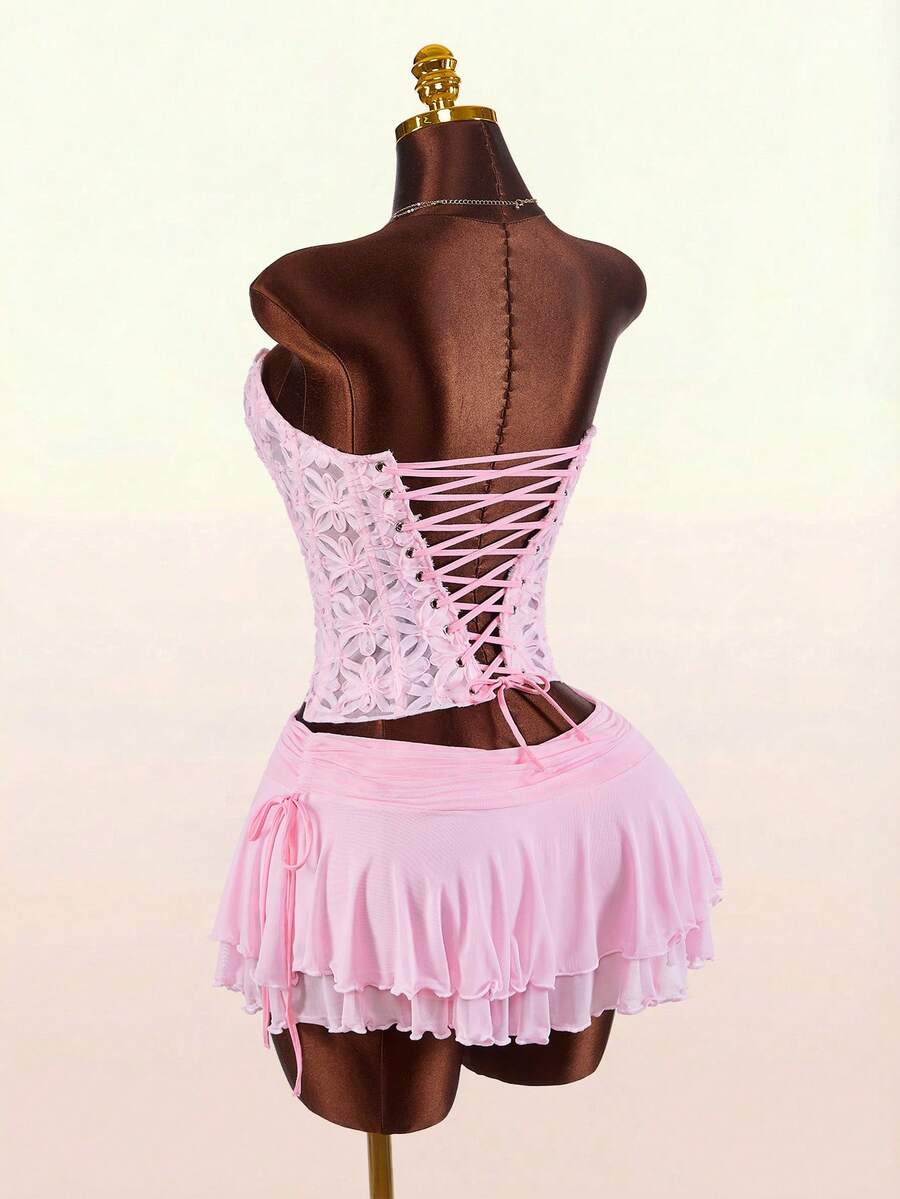 Amplova Women Floral Bandeau Top And Drawstring Waist Skirt Sexy 2 Pieces Set Floral Fabric Bud Bustier With Bow Tie, Sleeveless And Backless, Paired With An Ultra-Low-Waisted, Adjustable Mesh A-Line Skirt With Ruffled Hem – A Two-Piece Set Perfect For Spring Vacation Wear. Summer Dresses For Women Elegant Dresses For Party Summer Holiday Outfits Casual Outfits For Women Skirt Swimsuit Pink Corset Dress Dance Costume Pink Dress Short Pink Rave Outfit - Pink - View 1