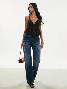 Poéselle 女士休闲度假纯色提花交叉露背吊带娃娃衫，夏季，情人节女士黑色上衣优雅上衣日常及约会之夜必备黑色夏季上衣黑色蕾丝上衣黑色性感上衣可爱黑色上衣娃娃衫女士黑色蕾丝上衣 - 黑色 - 查看 7