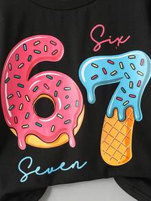 SHEIN 2pcs/Set Young Girls' Six Seven Print Knit Loose T-Shirt + Leggings Set, Casual, Fashionable, Versatile, Suitable For Party, Outing, Photoshoot With Friends, Park, Camping, Vacation, Daily Casual Wear - Black - View 3