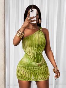 SHEIN BamGlam 女士扎染褶皱金属装饰优雅收腰短款派对连衣裙 - 彩色 - 查看 5