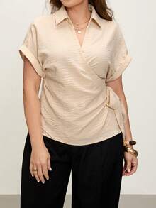 Comfylo Plus Size Simple Versatile Wrap Tie Casual Short Sleeve Shirt Carnival Party Luxury Valentine's Day, Summer Tops - Khaki - View 5