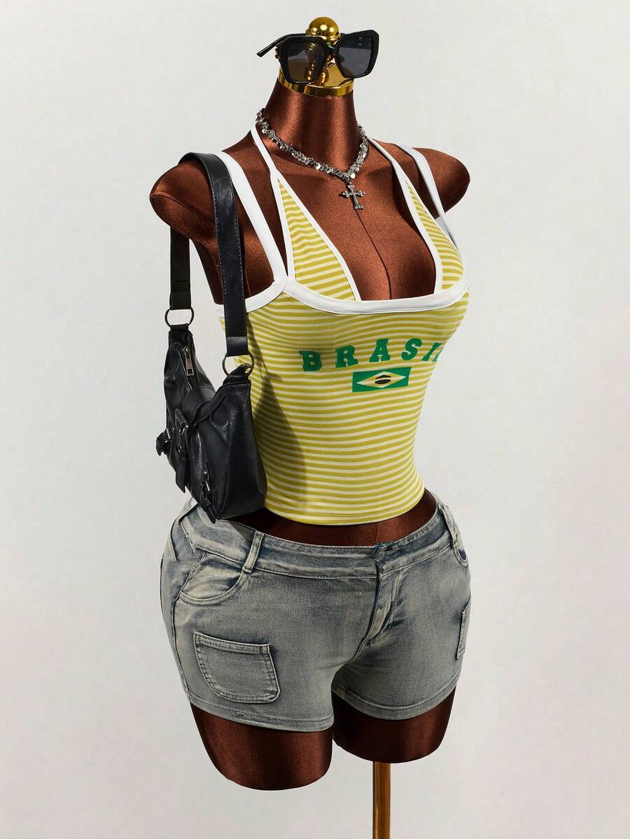 Mistrie Damen sportlich-lässiges Trägershirt mit Kontraststreifen und Buchstabendruck, figurbetonter Schnitt, Frühling/Sommer Boho Sexy Lässig, Sommer für Frauen, Frühlingspausen, Urlaub für Frauen, Sommerurlaub - Gelb - Übersicht 1