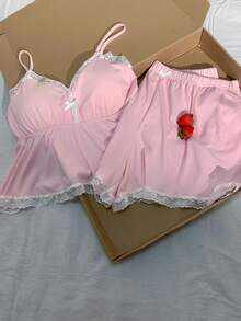 SHEIN EZwear 大码女式蕾丝拼接吊带背心和短裤两件套，春夏款 - 粉色 - 查看 5