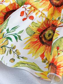 Sweetra Sunflower Print Waist Cinched Long Dress - Yellow - View 5