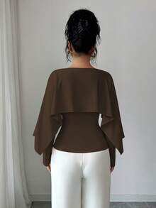 SHEIN Elenzya 新款女士披肩领长袖弹力针织休闲修身T恤，优雅百搭，适合日常穿着 - 棕色 - 查看 2