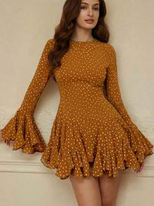 Aveloria Rosie 时尚水彩波点层叠荷叶边长袖连衣裙，欧式秋冬风情 - 黃色 - 查看 3