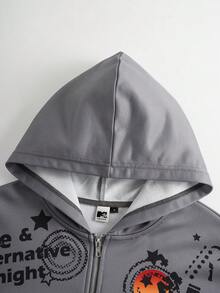 MTV | SHEIN 女士字母火焰印花连帽拉链长袖卫衣 - 灰色 - 查看 3