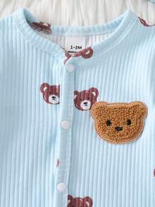 Newborn Beige Bear Pattern Long Sleeve Jumpsuit With Hat Set - Baby Blue - View 5