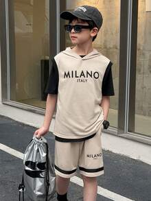 SHEIN Little Byeori 2件套 男童休闲韩版字母印花连帽短袖卫衣和纯色短裤套装 - 彩色 - 查看 6