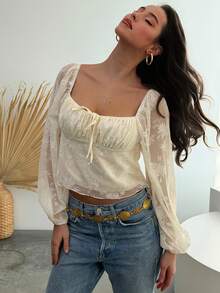 Aloruh White Romantic Date New Flocked Long Sleeve Square Collar Tie Front Fitted Women Shirt, Autumn/Winter - White - View 4