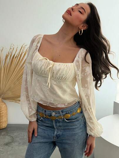 Aloruh 白色浪漫约会新款植绒长袖方领系带修身女式衬衫，秋冬款