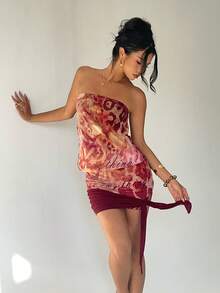 Aloruh 女士Y2K复古印花抹胸迷你连衣裙，性感修身波西米亚风连衣裙，适合音乐节和度假 - 棕色 - 查看 7