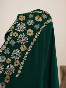 SHEIN Najma Đầm dài tay kiểu Ả Rập thanh lịch phối màu, thêu hoa dành cho nữ cỡ lớn. - Màu xanh lá cây đậm - Xem 7