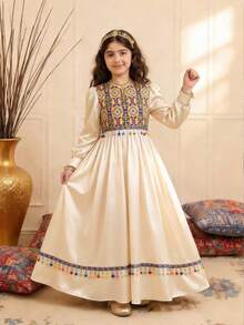 SHEIN Modisches und elegantes Kleid für Tween-Mädchen mit Blume Muster-Patchwork-Anhänger-Dekor - Aprikosenfarben - Übersicht 5