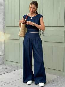 Serisse Women Denim Two-Piece Outfits - Blue - View 3