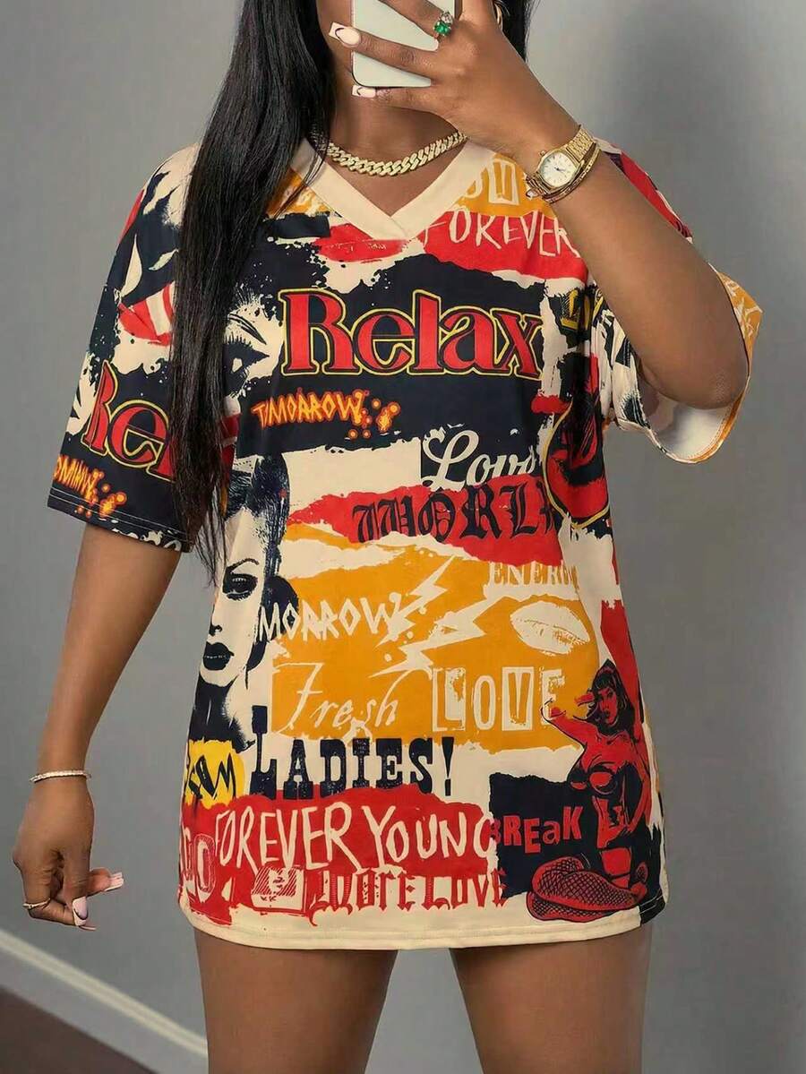 Slaydiva 女士V领短袖休闲时尚印花迷你连衣裙，适合夏季穿着 - 彩色 - 查看 1