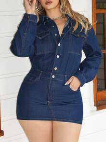 Arliah Women's Long Sleeve Utility Pocket Single-Breasted Casual Denim Dress - Navy Blue - View 5
