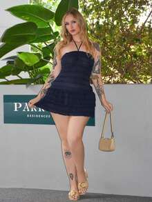 Arliah Vestido corto de verano para mujer con cuello halter, nudo en la cintura y volantes - Azul Marino - Ver 1