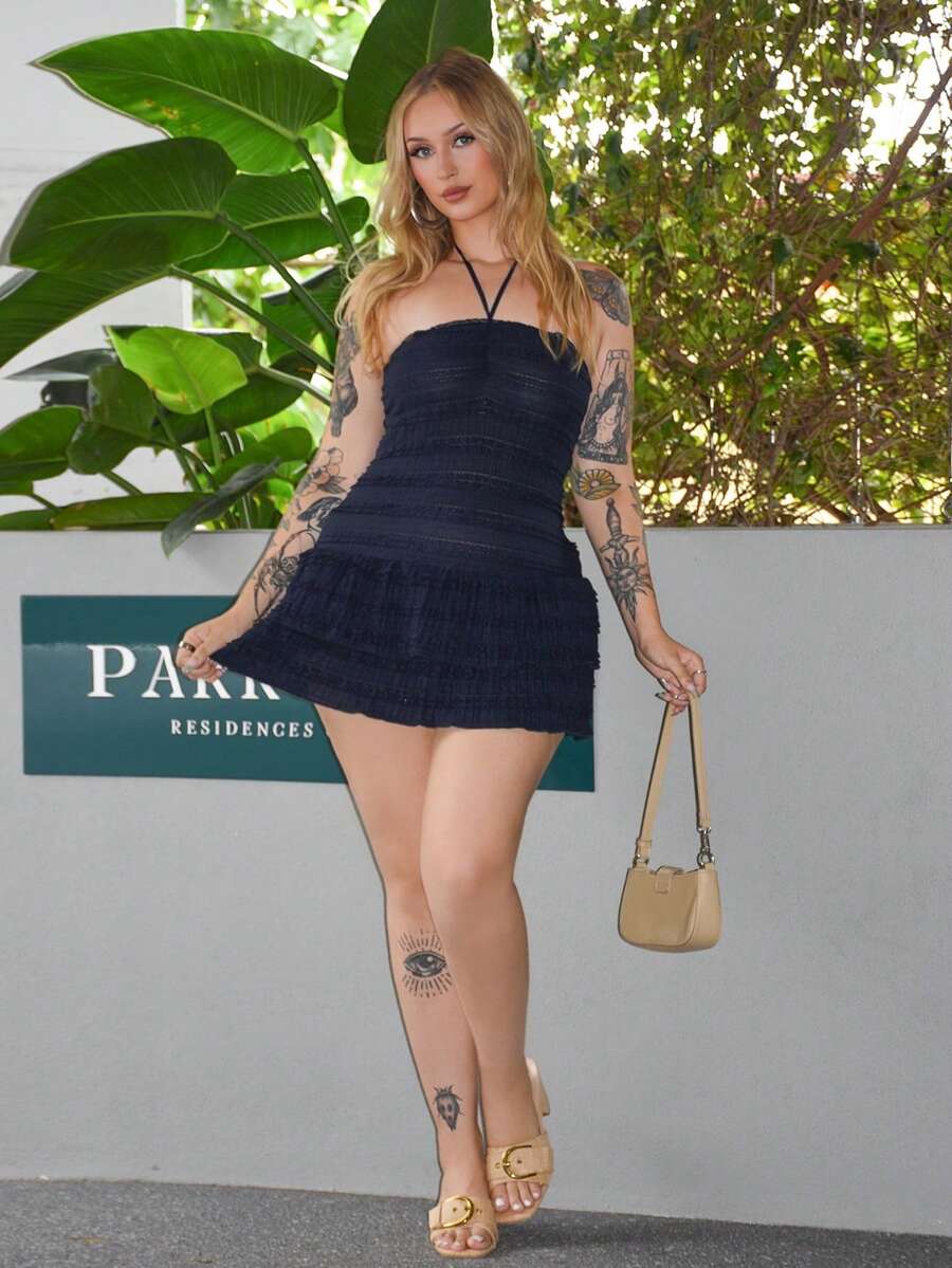 Arliah Vestido corto de verano para mujer con cuello halter, nudo en la cintura y volantes - Azul Marino - Ver 1