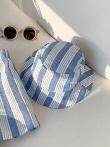 SHEIN Bộ đồ 2 món cho bé sơ sinh unisex: áo liền quần kẻ sọc màu xanh navy kèm quần yếm và mũ chống nắng, thích hợp cho kỳ nghỉ, hoạt động ngoài trời, mặc hàng ngày, quần áo mùa xuân/hè cho bé trai. - Nhiều màu - Xem 7
