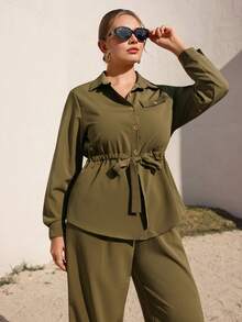 Juhart Conjunto informal de 2 piezas de talla grande, unicolor, con botones delanteros y manga raglán cómoda - Verde militar - Ver 6