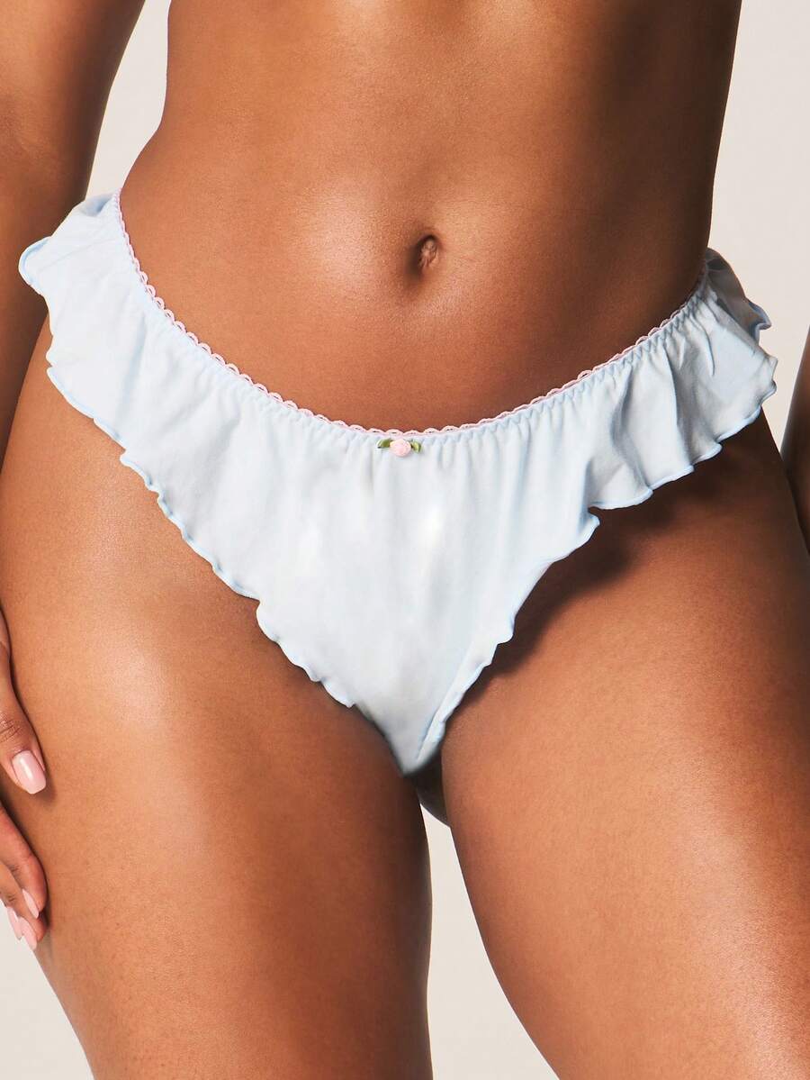 MISSGUIDED Frilled Thong Underwear With Ruffled Edges And Delicate Rose Charm Detail Comfortable Everyday Intimate Lingerie - Blue - View 1