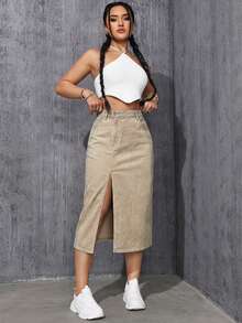 SHEIN ICON Minifalda de mezclilla casual con bolsillo en diagonal y abertura hasta el muslo de unicolor para mujer - Caqui - Ver 5