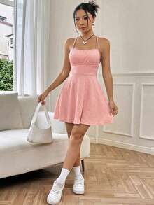 SHEIN EZwear Women's Summer Spaghetti Strap Backless A-Line Dress, Sundress, Summer Apparel, Cute Light Pink Dress - Baby Pink - View 3