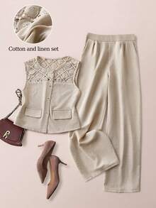 GlowEve 女士优雅通勤休闲度假时尚套装，包括蕾丝拼接纽扣无袖开衫上衣和拉链口袋阔腿裤，两件套，灰色 - 灰色 - 查看 1