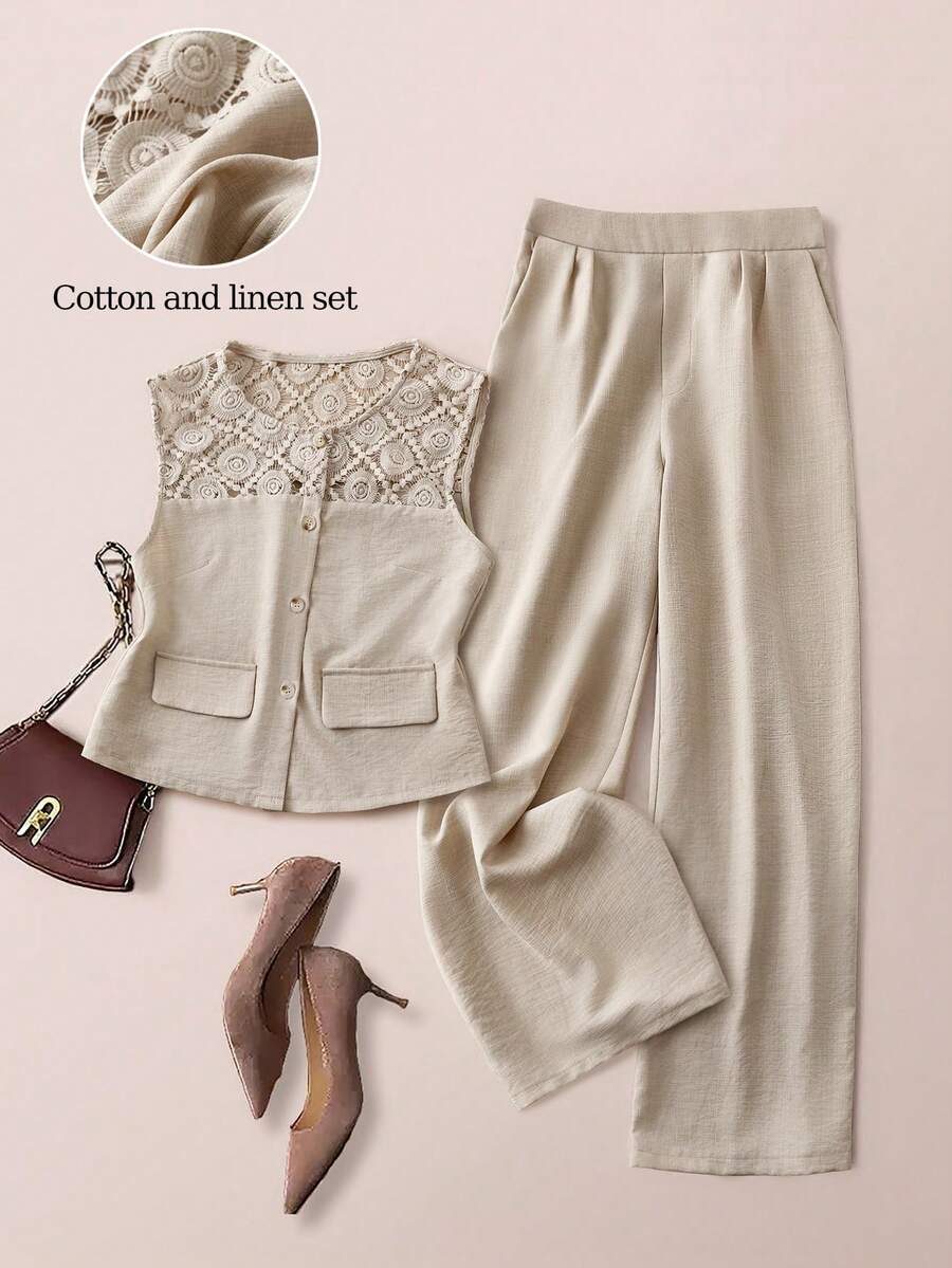 GlowEve 女士优雅通勤休闲度假时尚套装，包括蕾丝拼接纽扣无袖开衫上衣和拉链口袋阔腿裤，两件套，灰色 - 灰色 - 查看 1