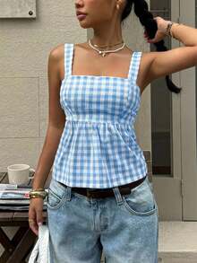 Serisse Women's Plaid Minimalist Sleeveless Backless Top, Everyday Wear - Blue - View 3