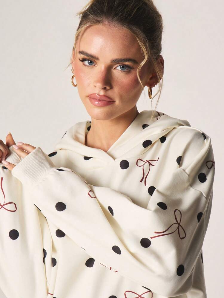 MISSGUIDED Oversized Polka Dot Bow Print Hoodie Long Sleeve Pullover Cozy Winter Fall Casual Sweatshirt