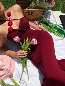 SHEIN MOD 女士纯色简约日常3D立体花卉装饰连衣裙 - 酒紅色 - 查看 2