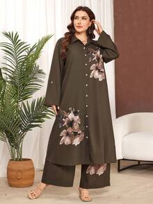 Lacomfia Women's Floral Print Plus Size Shirt And Wide Leg Pants Two Pieces Set, Casual And Minimalist, Plus Size - Multicolor - View 5
