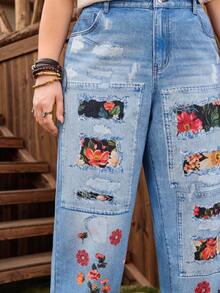 Plus Size Women Casual Comfortable Mid-Blue Printed Jeans - Medium Wash - View 5