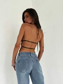 Aloruh Women's Adjustable Halter Tie Ruched Layered Semi-Sheer Romantic Date Cropped Camisole - Mocha Brown - View 5